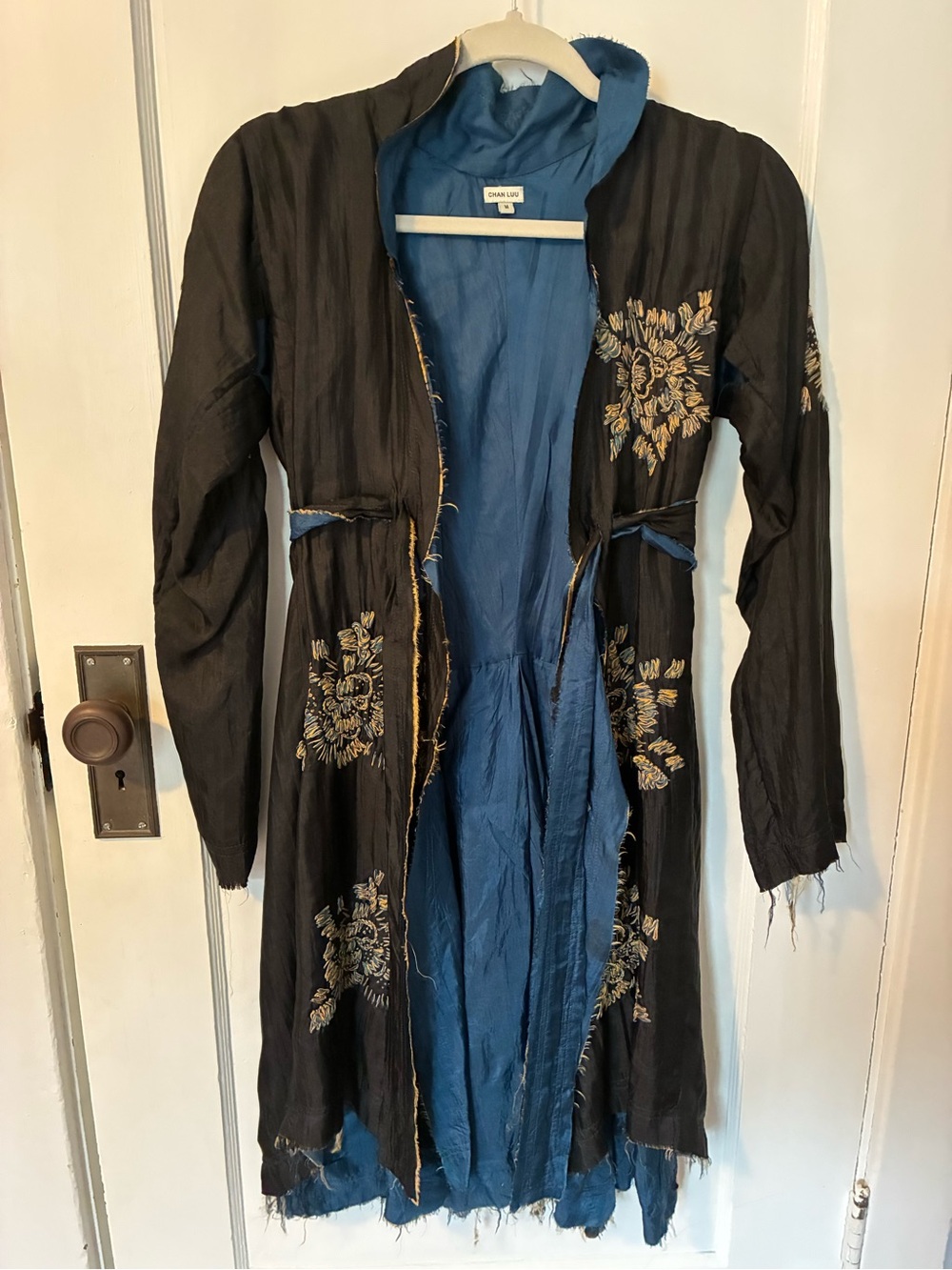 Chan Luu Black Tunic with Blue Lining and Gold Embroidery
